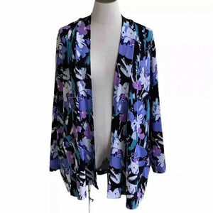 Ulla Popken Plus 28W 30W Black & Purple Floral Flower Kimono Open Cardigan Top